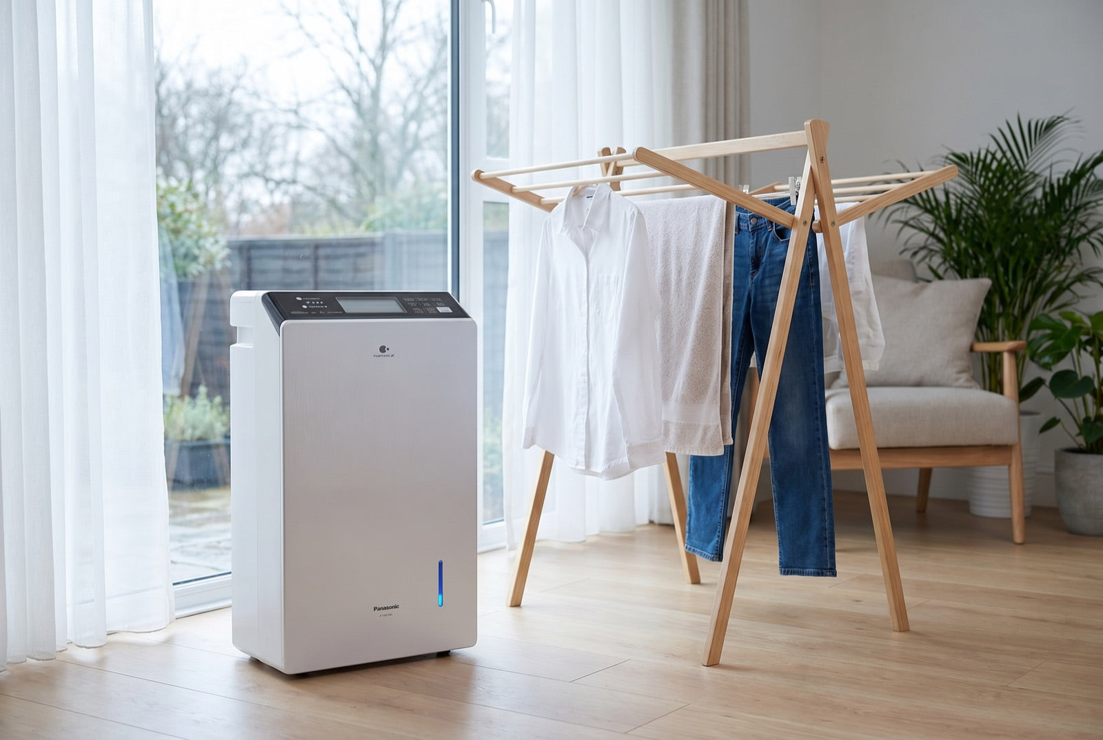 Japanese dehumidifier drying laundry in a bright UK home