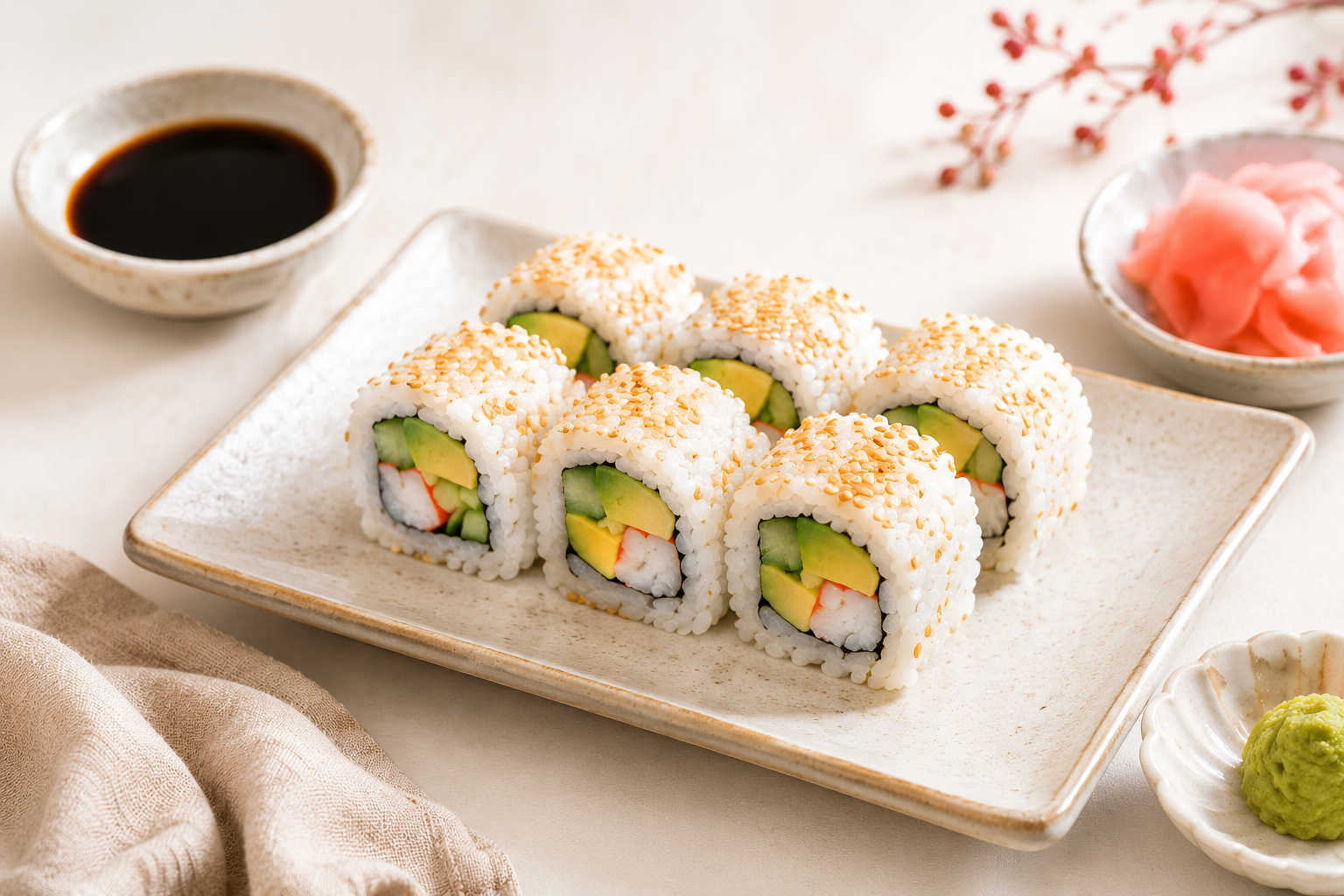 California roll sushi cut into pieces