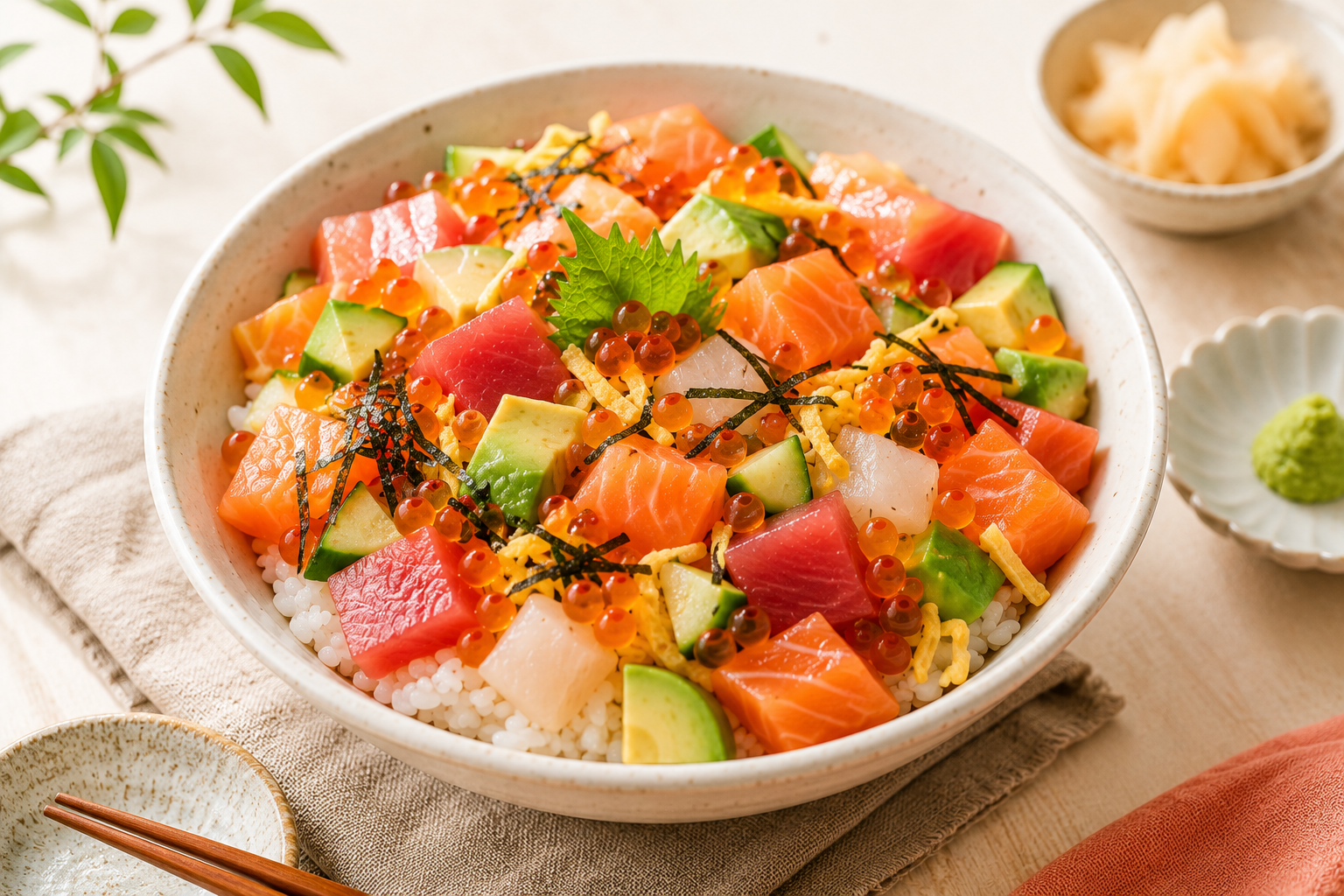 Chirashi sushi bowl with sashimi and vegetables