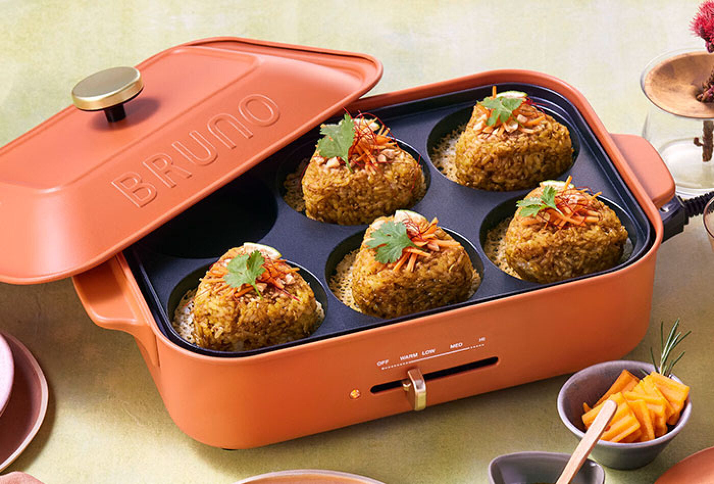 Crispy cheese curry grilled rice balls made on the BRUNO Compact Hot Plate