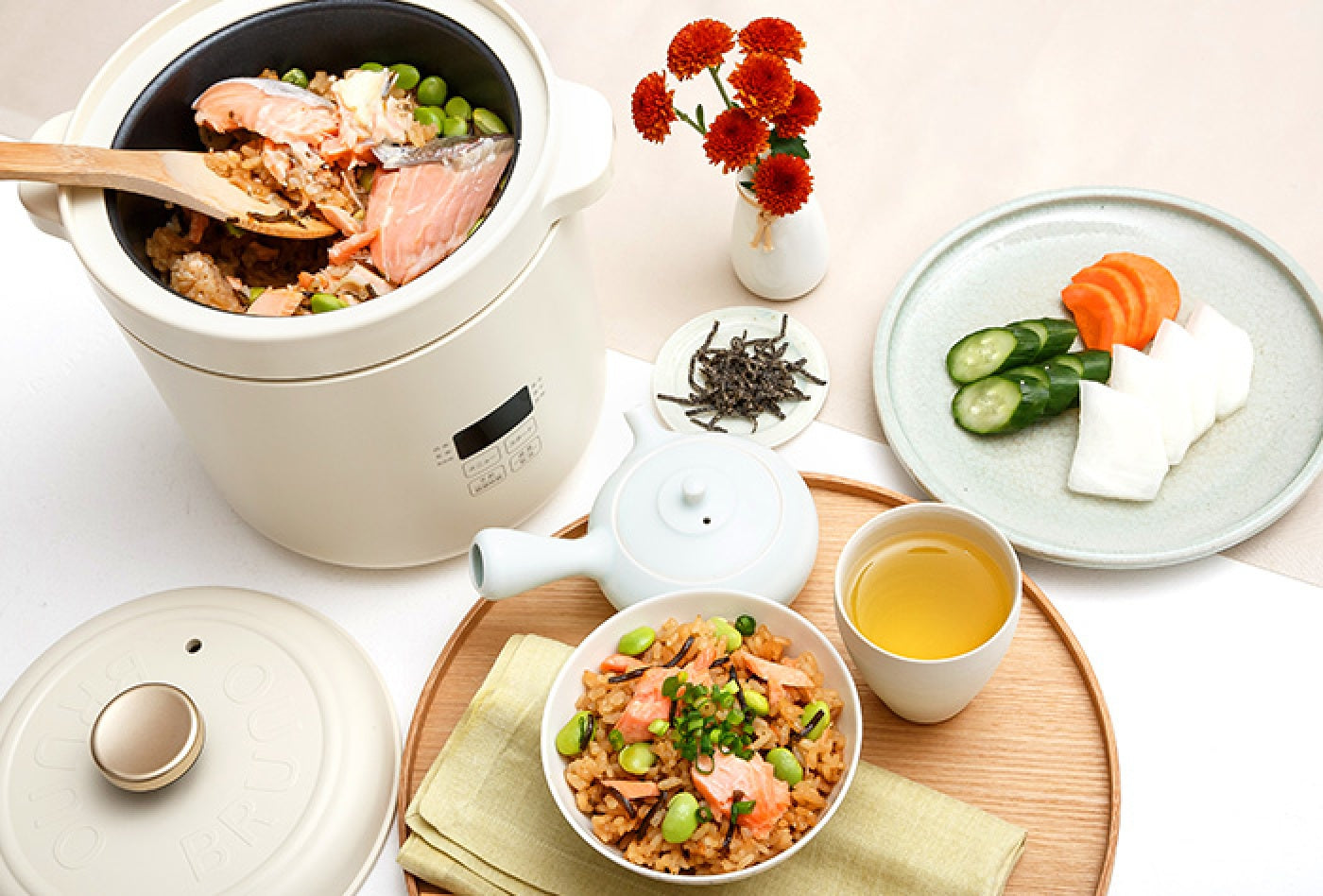 Salmon and edamame takikomi rice cooked in the BRUNO Mini Digital Rice Cooker
