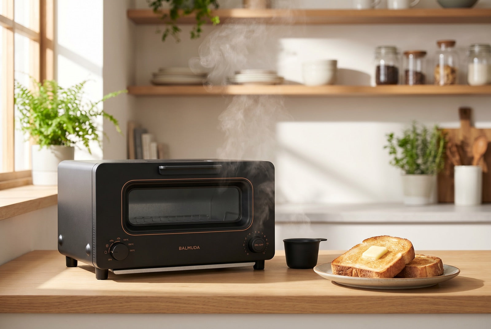 BALMUDA The Toaster with golden toast on a UK kitchen worktop