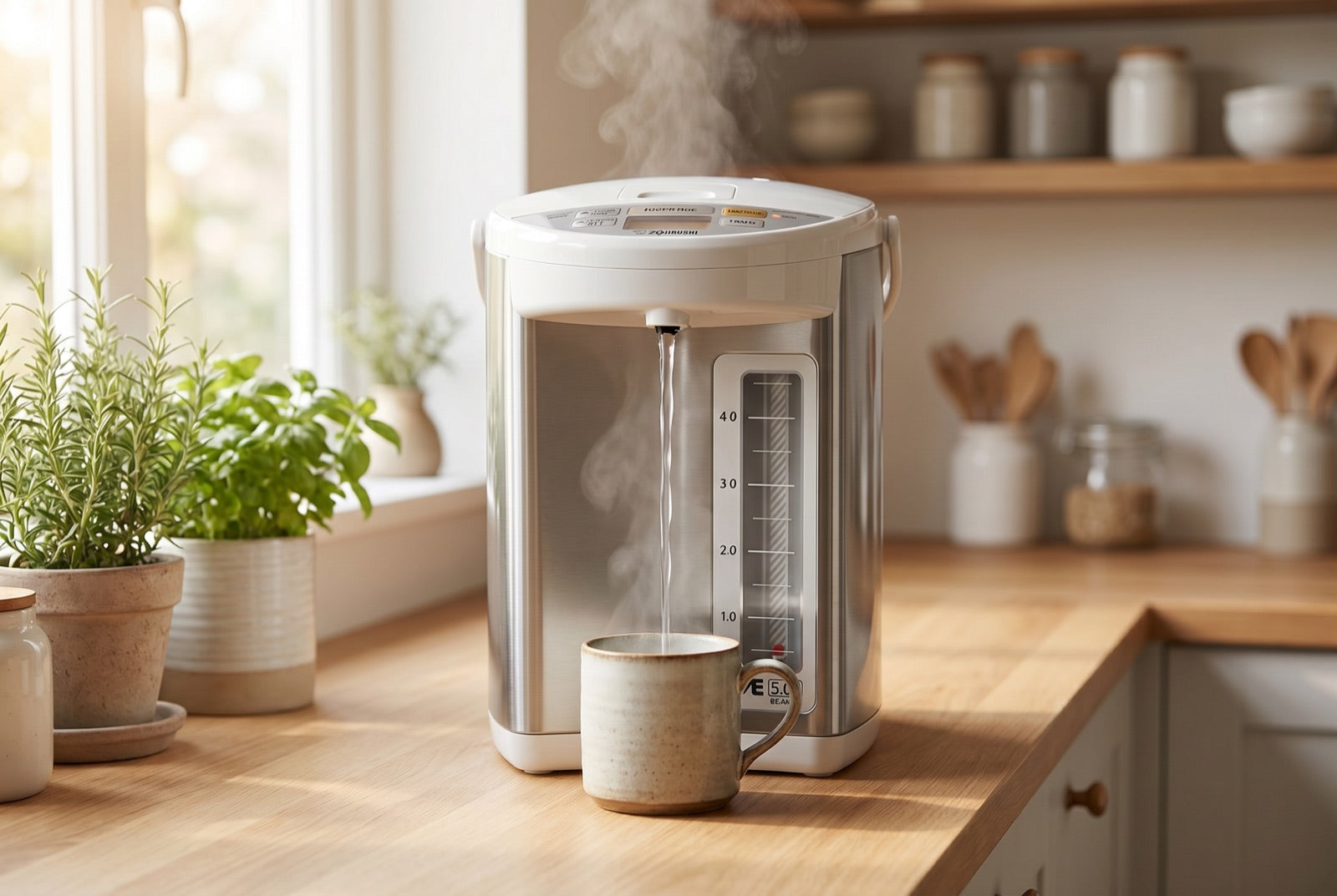 Electric thermo pot pouring a vertical stream of hot water on a UK kitchen worktop