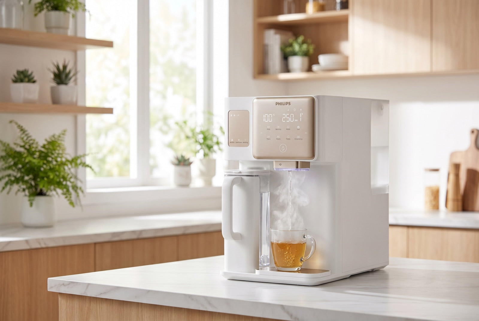 Instant hot water dispenser on a bright UK kitchen worktop