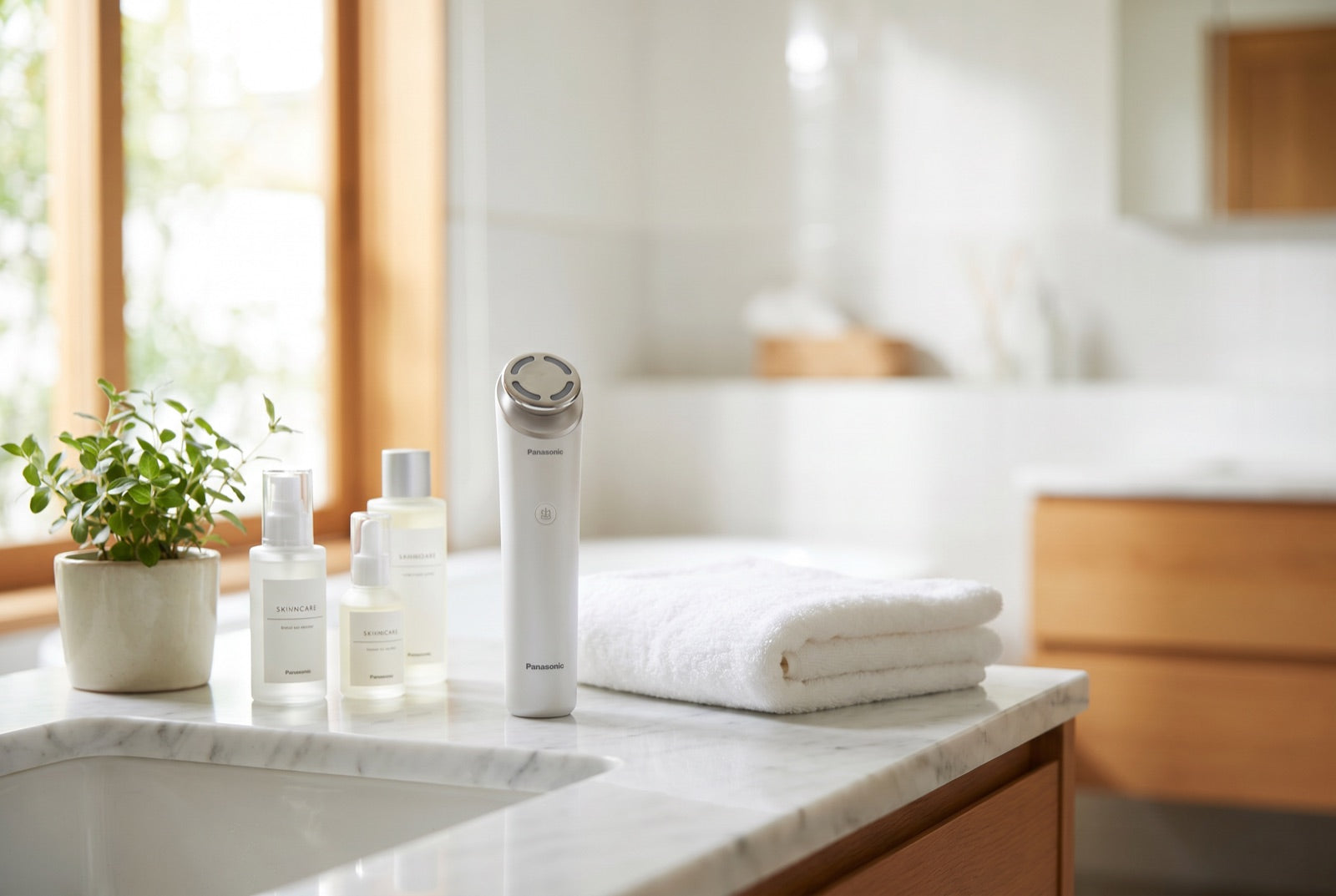 Panasonic Vitalift facial device on a bright bathroom vanity