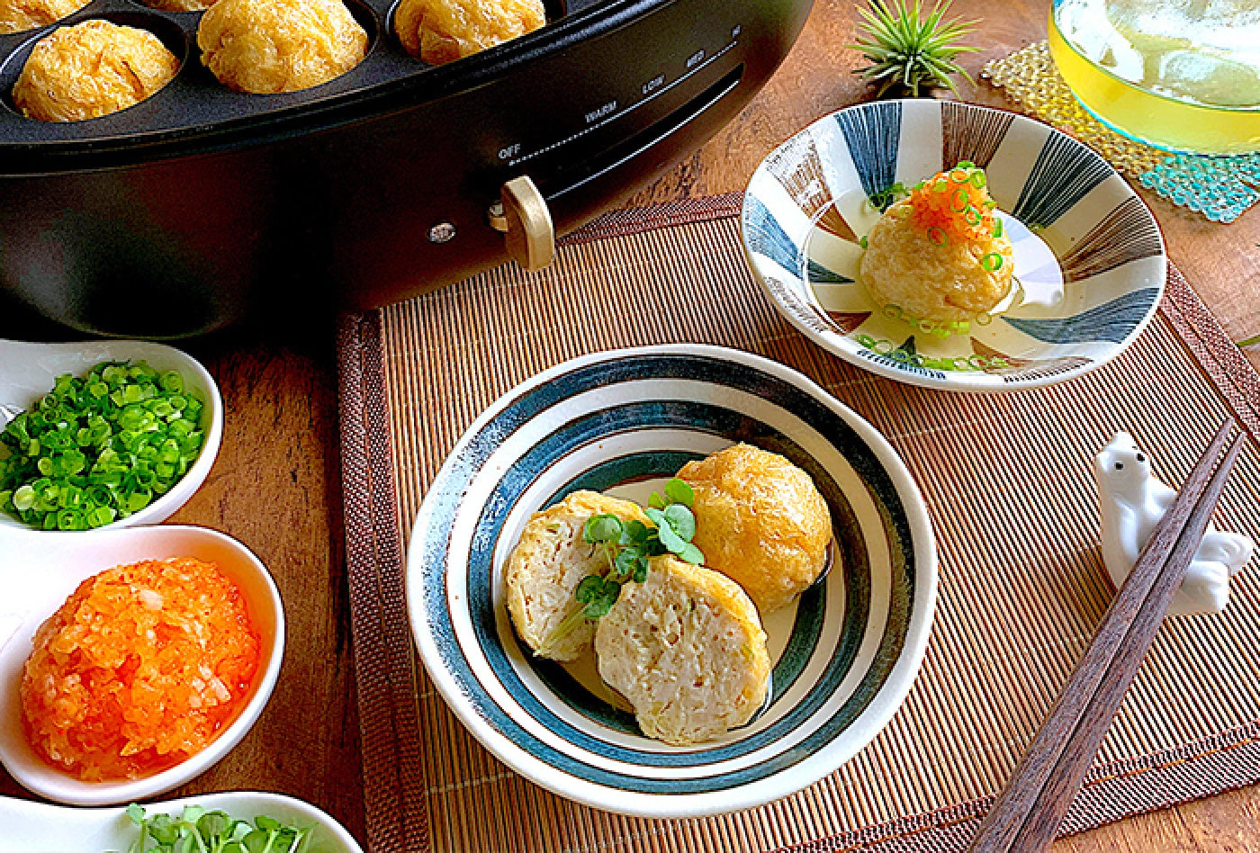 Chicken gyoza in tofu pockets with cold dashi, made on the BRUNO Oval Hot Plate