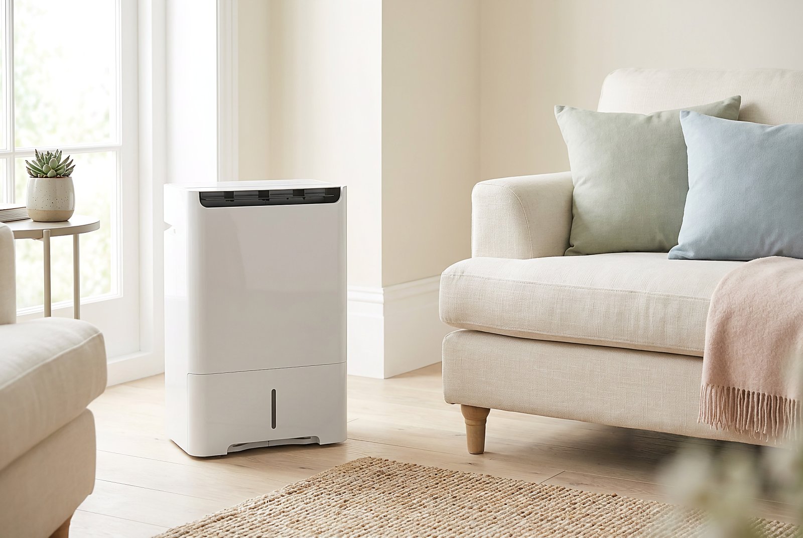 Mitsubishi BIKUKAN dehumidifier running in a bright UK living room