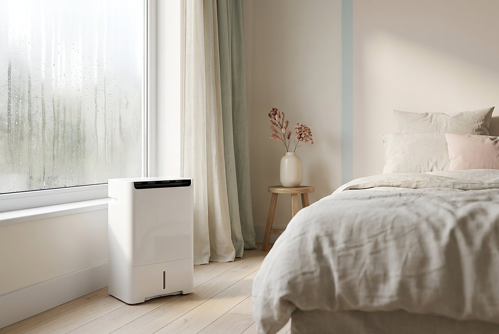 Mitsubishi BIKUKAN dehumidifier beside a condensation-covered bedroom window in a UK home