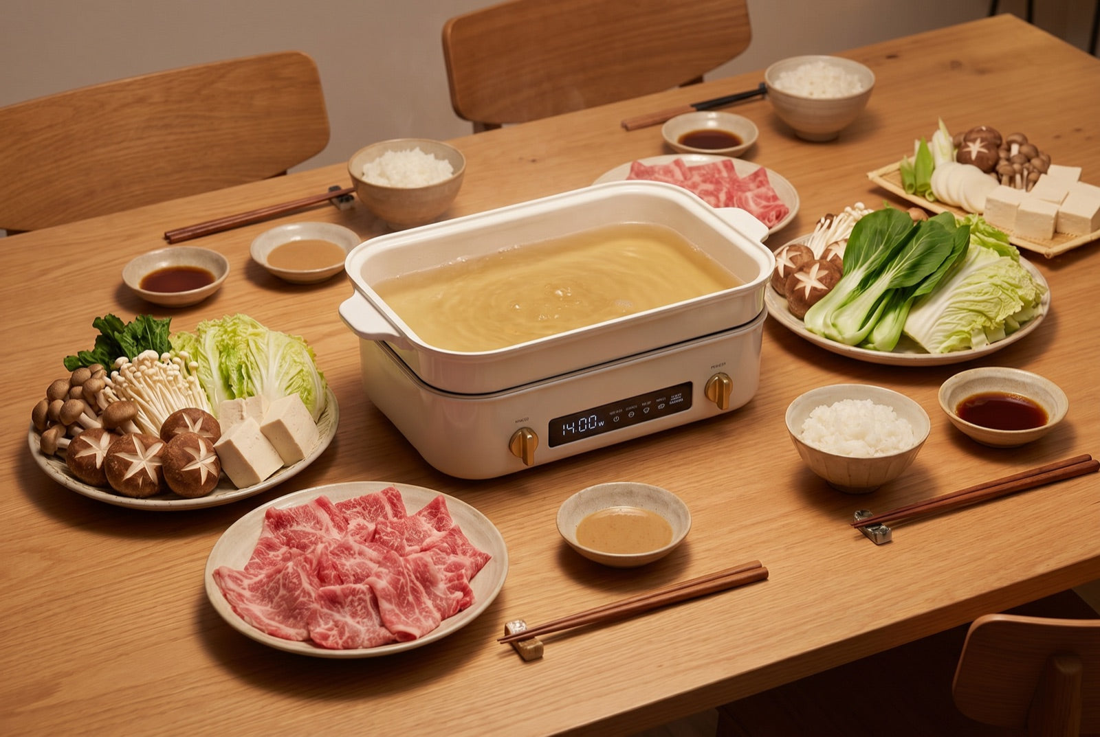 Japanese hotpot night with a BRUNO hot plate on a dining table