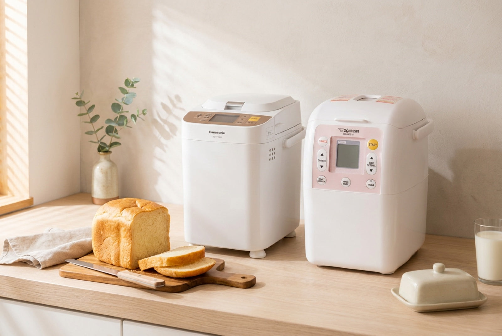 Panasonic and Zojirushi bread makers side by side on a kitchen worktop