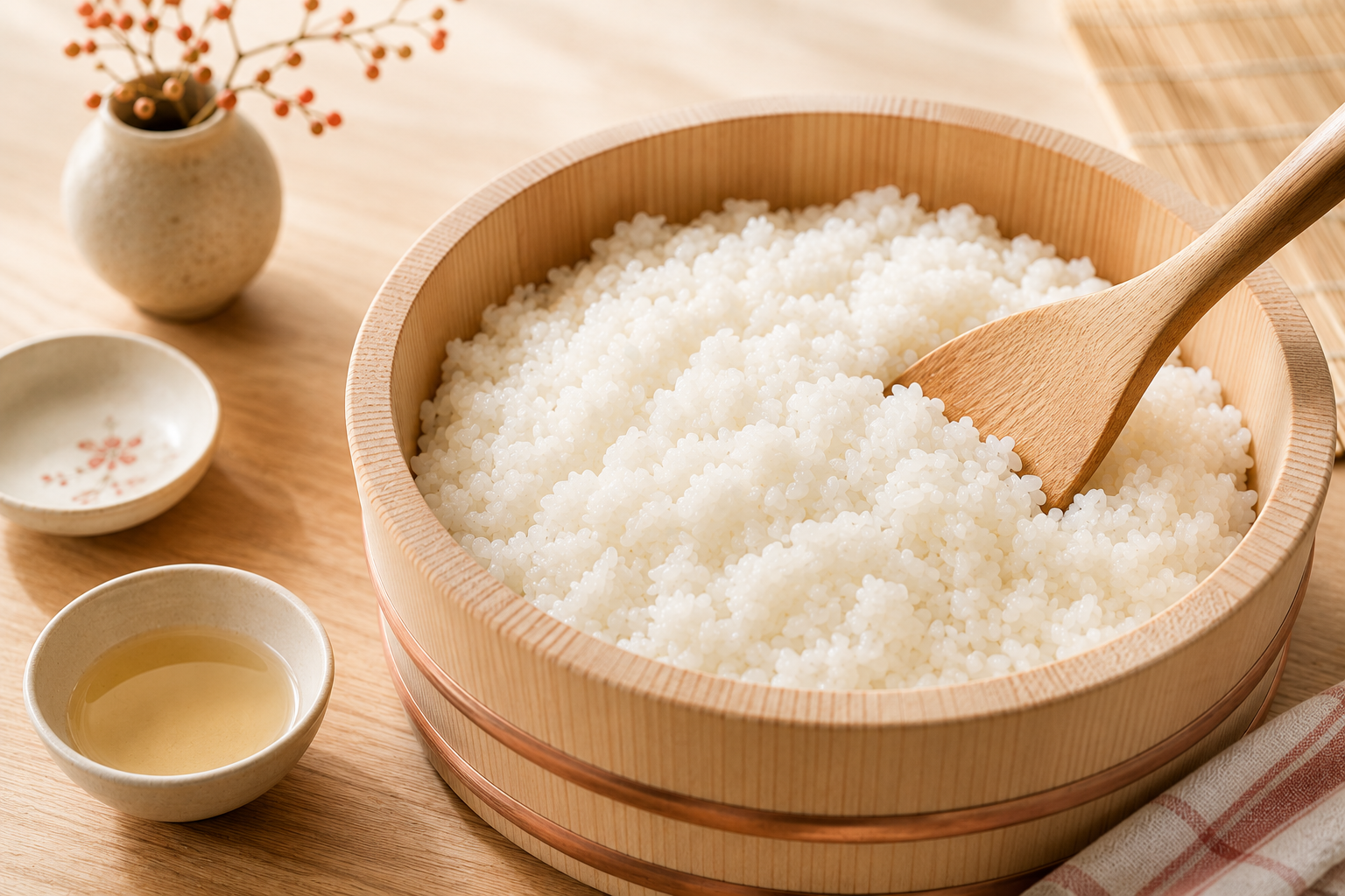 Sushi rice (sumeshi) in a wooden tub with a rice paddle