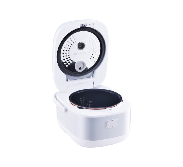Toshiba RC-BHH Series rice cooker with the lid open, showing the inner lid
