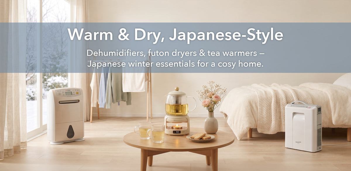 Japanese winter essentials: Mitsubishi dehumidifier, BRUNO floral tea kettle and Panasonic futon dryer in a bright cosy room